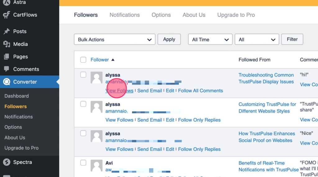 Select View Follows from the selected follower