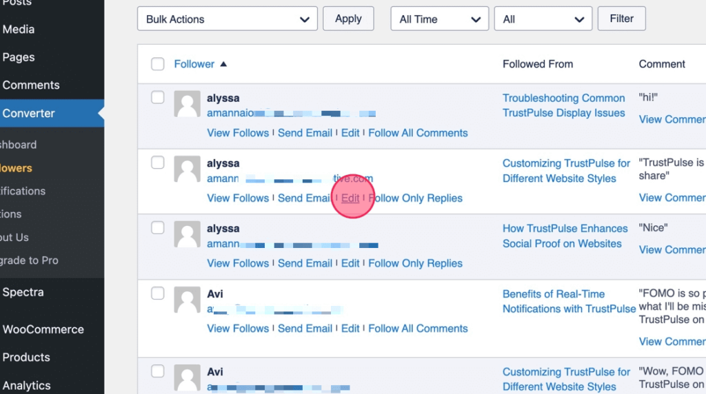 Select Edit under the follower you want to delete a comment from